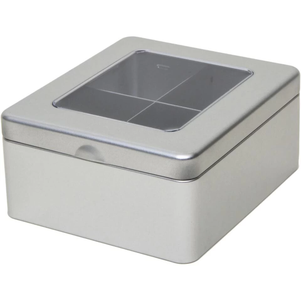 Merkloos Theedoos - Zilverkleurig - 4-vaks - Metaal - 15 Cm 3 Merkloos Theedoos - Zilverkleurig - 4-vaks - Metaal - 15 Cm