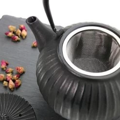 Orange85 Gietijzeren Theepot Aziatisch 1.2L Bol Streeppatroon Zwart Gietijzer -Beroemde Servies Winkel 1000033127 0101