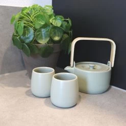 Orange85 Theepot Mint 50cl Met 2 Kopjes Aardewerk Bamboe -Beroemde Servies Winkel 1000033128 0111