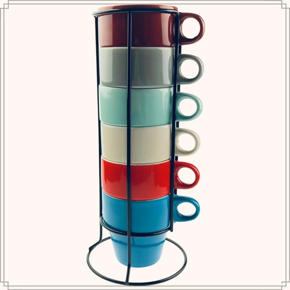 OTIX Koffiekopjes Met Houder Set Van 6 Gekleurd 300 Ml Keramiek 4 OTIX Koffiekopjes Met Houder Set Van 6 Gekleurd 300 Ml Keramiek - Afbeelding 2