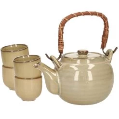 Excellent Houseware Theepot Set Met 4 Bekers Groen Keramiek