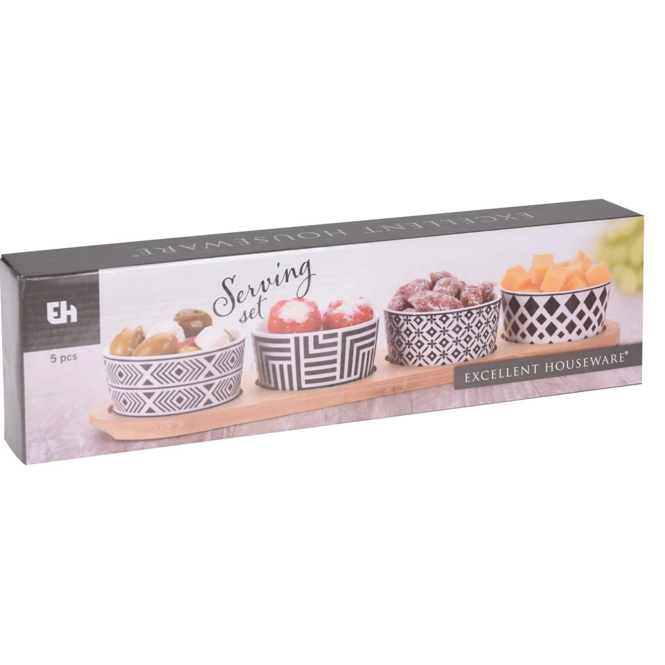 Excellent Houseware Serveerplank - Bamboe - 38x10cm - 4x Porseleinen Schaaltjes 4 Excellent Houseware Serveerplank - Bamboe - 38x10cm - 4x Porseleinen Schaaltjes - Afbeelding 2