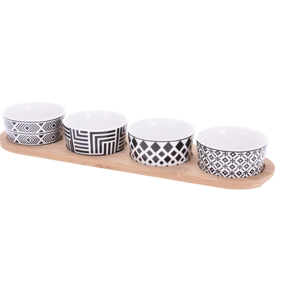 Excellent Houseware Serveerplank - Bamboe - 38x10cm - 4x Porseleinen Schaaltjes 3 Excellent Houseware Serveerplank - Bamboe - 38x10cm - 4x Porseleinen Schaaltjes