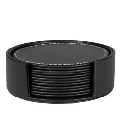 QUVIO 6 Leren Onderzetters Rond Met Houder - Zwart