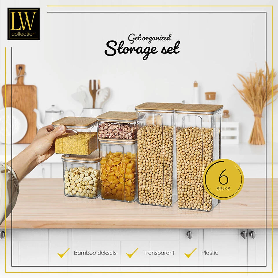 LW Collection Voorraadpotten 6 Stuks Met Bamboe Deksel 4 LW Collection Voorraadpotten 6 Stuks Met Bamboe Deksel - Afbeelding 2