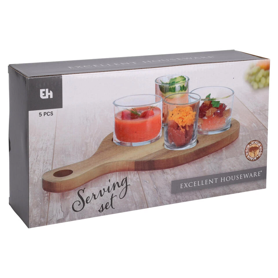 Excellent Houseware Serveerplank - Acacia - 30x17cm - Met 4st Glazen Schaaltjes 4 Excellent Houseware Serveerplank - Acacia - 30x17cm - Met 4st Glazen Schaaltjes - Afbeelding 2